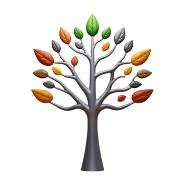 A tree with a sturdy trunk that has branches extending outward. The branches are made of different types of metal, including shiny stainless steel, dull iron, and polished bronze. Each branch is adorned with leaves crafted from various metals, such as copper, aluminum, and gold. The leaves display intricate textures and reflect light differently, creating a visually striking contrast. The tree stands on a simple, solid base, emphasizing its unique metallic features.