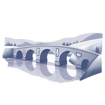 An old stone bridge spanning a river. The bridge features multiple arches, each adorned with intricate "ahki" symbols carved into the stone. The stones are weathered and textured, showing signs of age and erosion. The arches rise gracefully above the water, with the reflections of the bridge visible in the river below. The surrounding landscape includes gentle slopes and a scattering of trees, creating a serene natural setting.