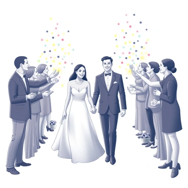 A couple walking down a wedding aisle. The couple is smiling joyfully, with the bride wearing a flowing white gown and the groom in a classic black suit. Surrounding them are guests celebrating, throwing colorful confetti into the air. The confetti is in various shapes and sizes, creating a festive atmosphere. The couple holds hands tightly as they walk, radiating happiness in the moment. The aisle is lined with floral arrangements on either side, adding to the celebratory scene.