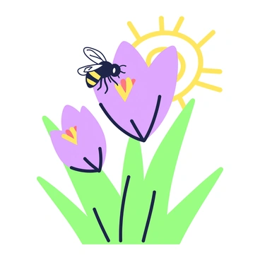 A crocus flower is blooming with its petals open wide, revealing a vibrant center. A busy bee is perched on one of the petals, its wings slightly spread as it collects nectar from the flower. The background features a sunlit atmosphere, creating a warm ambiance, and there are soft green blades of grass surrounding the flower, enhancing the natural setting. The bee's body exhibits distinct patterns, and you can observe the intricate details of the flower's structure.