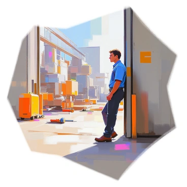 A factory worker with short brown hair, dressed in a blue work shirt and dark pants, is positioned just outside the factory gates. He is leaning against the gate with a relaxed posture, gazing thoughtfully into the distance. Sunlight casts soft shadows on the ground, highlighting the textured surfaces of the metal gates and the concrete surroundings. In the background, the factory looms with large machinery visible through the windows, while a few scattered industrial tools and equipment line the nearby area. The worker's expression reflects a sense of longing and daydreaming, adding depth to the scene.