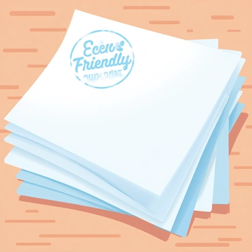 A stack of recycled paper is neatly arranged on a wooden surface. Each sheet displays a soft texture and subtle natural fibers. At the top of the stack, there is a visible stamp that reads "Eco-Friendly" in clear letters. The stamp features a leaf design alongside the text. The overall color palette includes soft greens and browns, reflecting the environmentally conscious theme of the papers.