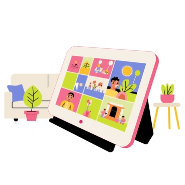 A sleek, rectangular digital display frame with a glossy black finish is mounted on a wooden stand. The screen features a vibrant slideshow of family photos, showcasing a variety of images in bright colors. Each photo captures joyful moments, such as a family picnic in a park, a birthday celebration with colorful balloons, and a cozy holiday gathering in front of a fireplace. The frame is surrounded by an elegant, minimalist living room setting, which includes a soft, light-colored couch and a small potted plant on a nearby table.