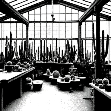 A grand old greenhouse has large glass panels, allowing light to filter through. Inside, there is an abundance of cacti displayed on various shelves and tables. The cacti vary in size and shape, some are tall and slender while others are short and round. Each cactus is adorned with unique textures and spines. The greenhouse is filled with intricate details such as wooden beams supporting the structure and small pots scattered around. There are shadows cast by the sunlight streaming in, creating a dynamic visual contrast.