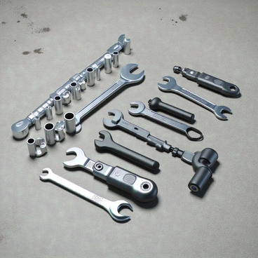 A collection of automotive tools like wrenches and pliers laid out on a garage floor.
