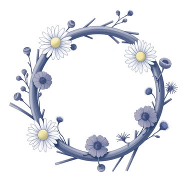 A circular wreath made of intertwined branches, adorned with a variety of wildflowers. The wreath includes several "daisies" with white petals and yellow centers, "poppies" with distinct black centers, and "cornflowers" with spiky blue petals. The arrangement of flowers creates a natural, harmonious flow around the wreath, emphasizing the shape and texture of each flower. The background remains simple, highlighting the details of the flowers and the wooden branches of the wreath.