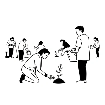 A group of activists is gathered in an open field, actively planting young saplings into the earth. Each person is wearing work gloves and carrying gardening tools such as shovels and trowels. One activist is kneeling down, carefully placing a sapling in the ground, while another stands beside them, holding a watering can ready to nourish the newly planted tree. In the background, there are several other activists working, some digging holes, and others discussing their next steps. The scene conveys a sense of teamwork and dedication to the cause of combating deforestation.