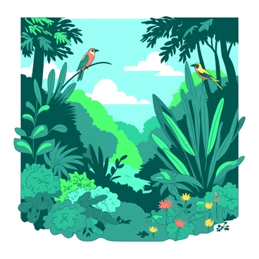 A teal tropical forest filled with vibrant green foliage and exotic plants of various shapes and sizes. In the trees, there are colorful birds perched on branches, displaying bright feathers in shades of yellow and orange. The ground is covered with lush undergrowth, and small flowers bloom among the leaves. Sunlight filters through the canopy, casting dappled light on the vibrant scene.