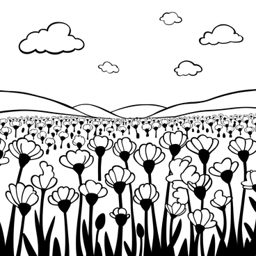 A vast field filled with "blooming carnations" stretching across the landscape, their shapes and forms creating an intricate pattern. The background features a "bright sky" with fluffy clouds scattered throughout, adding depth to the scene. A gentle breeze is suggested by the way some of the carnation petals appear to sway. In the foreground, there are clusters of "carnations" in various stages of bloom, showcasing detailed textures and patterns.
