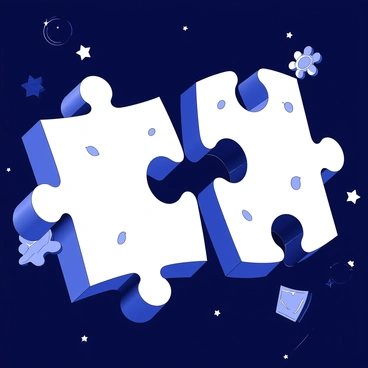 Two large puzzle pieces are floating in a vast, dark space. Each puzzle piece features interlocking edges that are prominent and defined. The surface of the pieces is textured, displaying a pattern of raised bumps and grooves. There is a noticeable gap between the two pieces, emphasizing the theme of an unsolved mystery. Surrounding the puzzle pieces, there are scattered stars and celestial objects, enhancing the sense of depth and the infinite nature of space. The overall composition suggests a moment frozen in time, capturing the intrigue of the unknown.