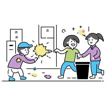 A group of inklings, each wearing colorful outfits, are energetically splattering paint across a city street. One inkling, in a blue cap and green shirt, is launching a bright orange paint projectile at another inkling, who is ducking behind a trash can. The second inkling, wearing a purple hoodie, is covered in splatters of various colors. There are paint splashes on the pavement and walls, creating a chaotic yet lively scene. The city buildings in the background showcase a vibrant urban atmosphere.