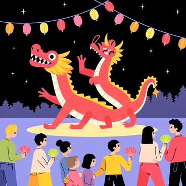 A lively barongsai performance takes place under a dark starry sky. Two performers are inside a vibrant dragon costume, skillfully dancing and moving in sync. The dragon has bright red and gold scales with intricate patterns. Colorful lanterns hang above, casting warm light in shades of red, yellow, and green, illuminating the scene below. Spectators are gathered around, watching in awe, with some holding small paper fans. In the background, silhouettes of distant trees can be seen against the night sky.