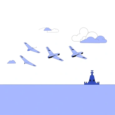 A formation of navy drones is flying in perfect synchronization over the sea. Each drone is depicted with sleek, aerodynamic bodies and propellers, maintaining a tight, orderly arrangement. The sea below is calm, reflecting the orderly movement of the drones above. The sky is clear, with minimal cloud cover, allowing for optimal visibility of the aerial display. The drones are positioned at various heights, creating a dynamic visual effect while ensuring they remain aligned.