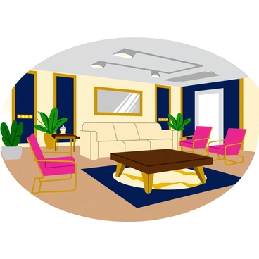 A spacious living room featuring elegant art deco design elements. The walls are adorned with bold geometric patterns in gold and deep navy blue. A plush, cream-colored sofa with shiny gold accents is positioned in the center, complemented by sleek, glass side tables. A rich, dark wood coffee table is placed in front, surrounded by stylish armchairs with angular, metallic frames. The flooring is a polished hardwood with a bold area rug showcasing intricate geometric shapes in contrasting colors. Elegant light fixtures hang from the ceiling, casting a warm glow over the entire room. A large, framed mirror with an art deco design reflects the sophisticated ambiance.