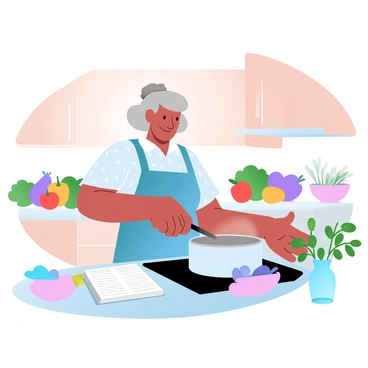 An elderly woman with gray hair is stirring a pot on the stove, surrounded by colorful vegetables arranged on the countertop. She is wearing a patterned apron and has a focused expression as she engages in the cooking process. The kitchen features wooden cabinets and cozy, warm lighting that creates a welcoming atmosphere. A family recipe book is opened nearby, and a bowl filled with ingredients sits beside her. Fresh herbs are placed in a small vase on the table, adding a touch of greenery to the scene.