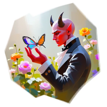 A Victorian devil with red skin and pointed horns is gently holding a delicate butterfly in his gloved hand. He is dressed in an ornate, dark suit with intricate patterns and a high collar. The butterfly, with vibrant blue and orange wings, rests softly on his fingertips. They are surrounded by a lush, vintage garden filled with blooming flowers of various colors, such as roses and violets. Tall, leafy plants provide a verdant backdrop, and the atmosphere is rich with greenery, enhancing the scene's intricate details.