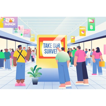 A bright touchscreen kiosk is prominently displayed in the center of a bustling mall. The kiosk features a large, vibrant screen with colorful graphics that read, "Take Our Survey!" The surrounding area is filled with shoppers, some glancing at the kiosk with curiosity. The floor beneath the kiosk is a polished tile, and there are potted plants nearby adding a touch of greenery. A few people are gathered around, one person is actively touching the screen while another is observing the display. Overhead, banners hang with promotional messages, enhancing the lively atmosphere of the mall.