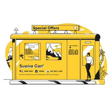 A subway advertisement featuring a travel agency's special offers. The ad displays images of famous scenic destinations, including a mountain landscape with snow-capped peaks and a serene beach with palm trees. The text "Special Offers" is prominently shown at the top of the ad. Below the text, there are details about various travel packages, including prices for flights and accommodations. The background includes a collage of landmarks such as an iconic city skyline and lush countryside.