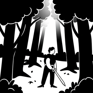 A figure dressed in historical attire walks through a dense forest, surrounded by tall, dark trees. Patches of sunlight filter through the branches, creating dappled light on the forest floor. The man holds a sword by his side, and there are scattered leaves and roots on the ground. Shadows play across the scene, adding to the mysterious atmosphere of the forest.