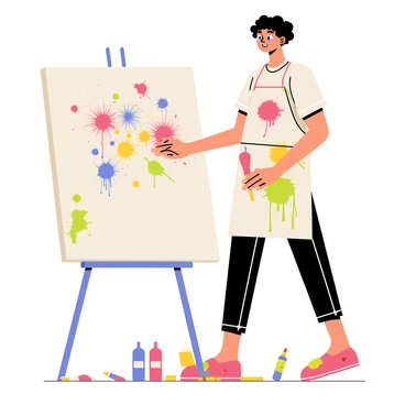 An artist with curly hair wearing a paint-splattered apron stands in front of a large canvas. The artist is energetically splattering bright colors, including red, blue, yellow, and green, across the canvas. Colorful paint drips down the canvas and onto the floor. Brushes and paint tubes are scattered around the artist's feet, and there are paint splatters on the walls. The artist's expression shows intense focus and creativity as they move swiftly, flinging paint to create a dynamic composition.