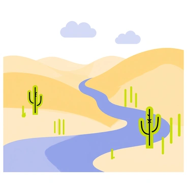 A river winding through a barren desert landscape. The river features clear blue water reflecting the sunlight. Tall green cacti with spines are scattered along the banks of the river. Surrounding the river are vast sand dunes with smooth, golden slopes that rise and fall gently in the background. The sky above is a bright blue with a few fluffy white clouds.