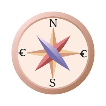 A digital flat illustration featuring a compass in the center. The compass has a circular design with a metallic finish and a decorative rim. Each direction on the compass (north, south, east, west) is marked by different currency symbols. The "N" direction is indicated by a dollar sign "$", the "E" direction is marked with a euro sign "€", the "S" direction features a pound sign "£", and the "W" direction is denoted by a yen sign "¥". The compass needle points towards the "N" direction. The background is a light color to enhance the visibility of the compass and currency symbols.