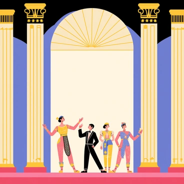 A grand theater stage with ornate Art Deco decorations, featuring geometric patterns and bold colors. Tall, elegant columns framed the stage, adorned with golden accents. At center stage, performers are dressed in lavish costumes inspired by Erté, showcasing intricate designs with flowing fabrics, feathers, and sequins. The performers strike dynamic poses, bringing the vibrant costumes to life under bright, focused stage lights. The backdrop includes a large, stylized sunburst design, enhancing the theatrical atmosphere of the scene.