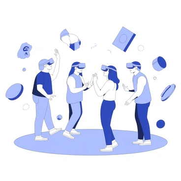 A group of people is wearing virtual reality headsets, fully immersed in a virtual environment. Each person is positioned in a different stance, reflecting their interactions with the digital world. One individual is reaching out as if touching an unseen object, while another is looking up with an expression of wonder. The virtual world around them features abstract shapes and structures that appear to float in space. There are various geometric patterns and textures that create a sense of depth and dimension. The ground beneath their feet is a smooth surface that blends seamlessly into the surrounding scenery.