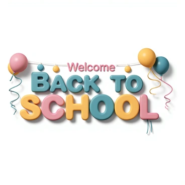 A large welcome banner that reads "Back to School" in bold, colorful letters. The banner is adorned with vibrant balloons of various colors including red, blue, yellow, and green. Streamers in bright shades hang from the edges of the banner, swirling downwards and creating a festive atmosphere. The background is softly illuminated, highlighting the cheerful decorations.