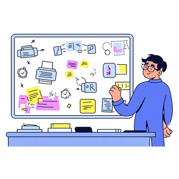 A visionary Drucker brainstorming new printing solutions at a whiteboard
