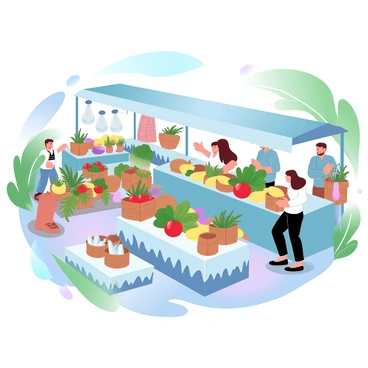 A bustling farmers market filled with colorful stalls displaying an array of fresh produce. Vibrant vegetables and fruits, including ripe tomatoes, leafy greens, and bright yellow corn, are arranged neatly. Handmade crafts, such as woven baskets and ceramic pottery, are showcased on tables nearby. Shoppers are examining the goods, some holding bags filled with fresh items. Sunlight casts a warm glow over the scene, enhancing the colors of the produce and crafts. The atmosphere is lively and inviting, with greenery in the background.