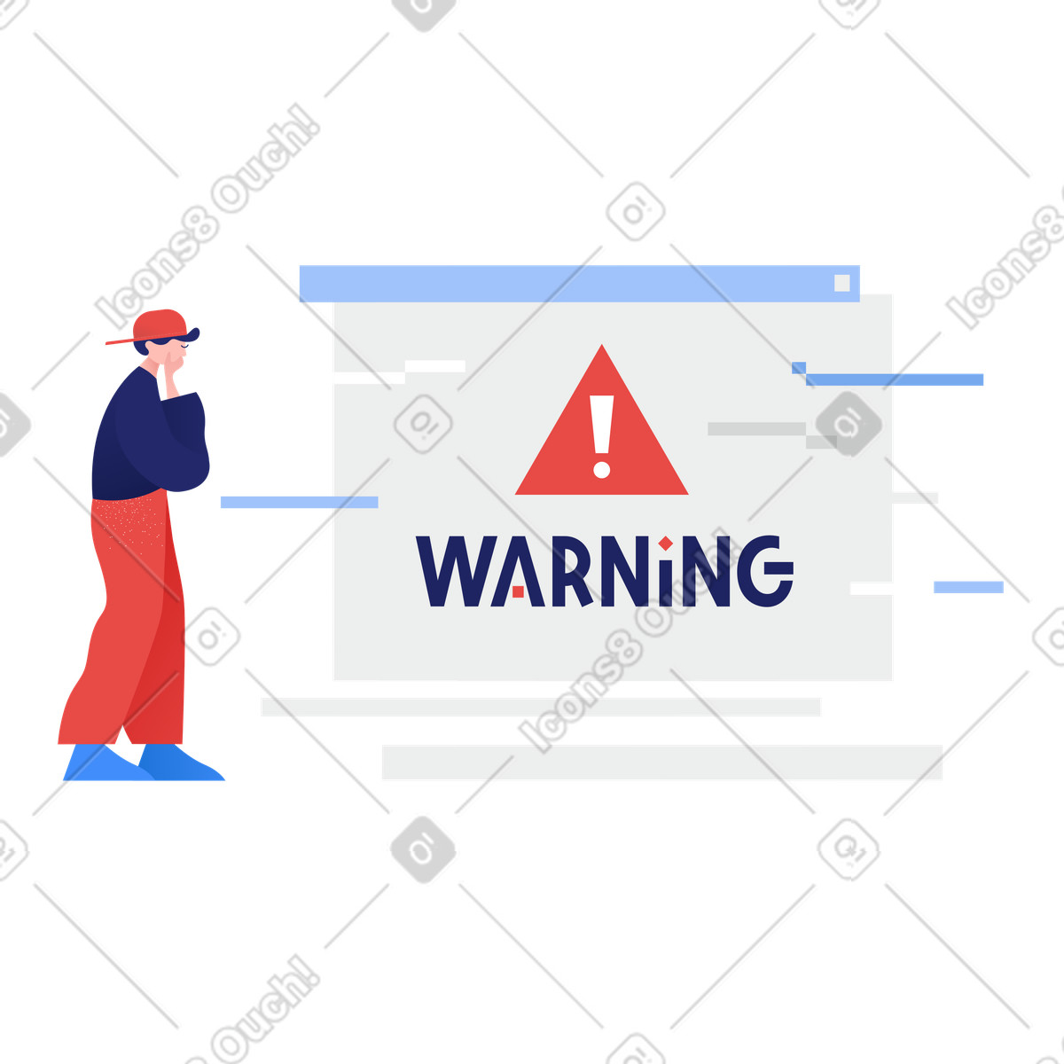 Uomo che guarda il pop-up di avviso nel browser illustrazione in stile Clip scarica in PNG, SVG