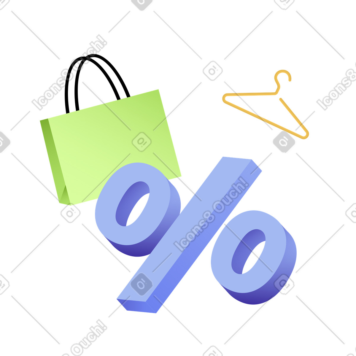 Percent sign, shopping bag and hanger, Retail discount or sale event illustration in Levels style download in PNG, SVG