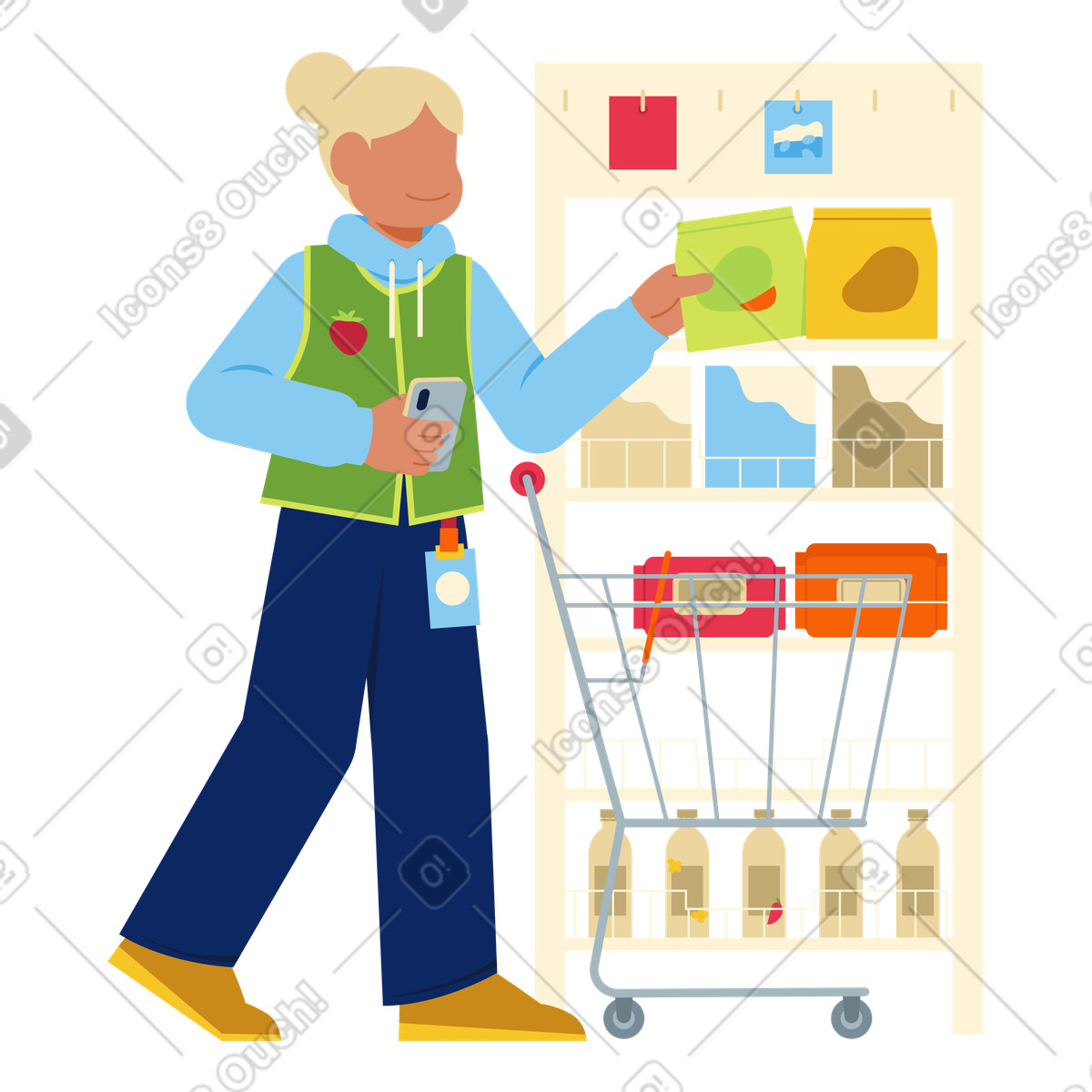 Order picker collecting groceries by shelf, Retail inventory management illustration in Catchy style download in PNG, SVG