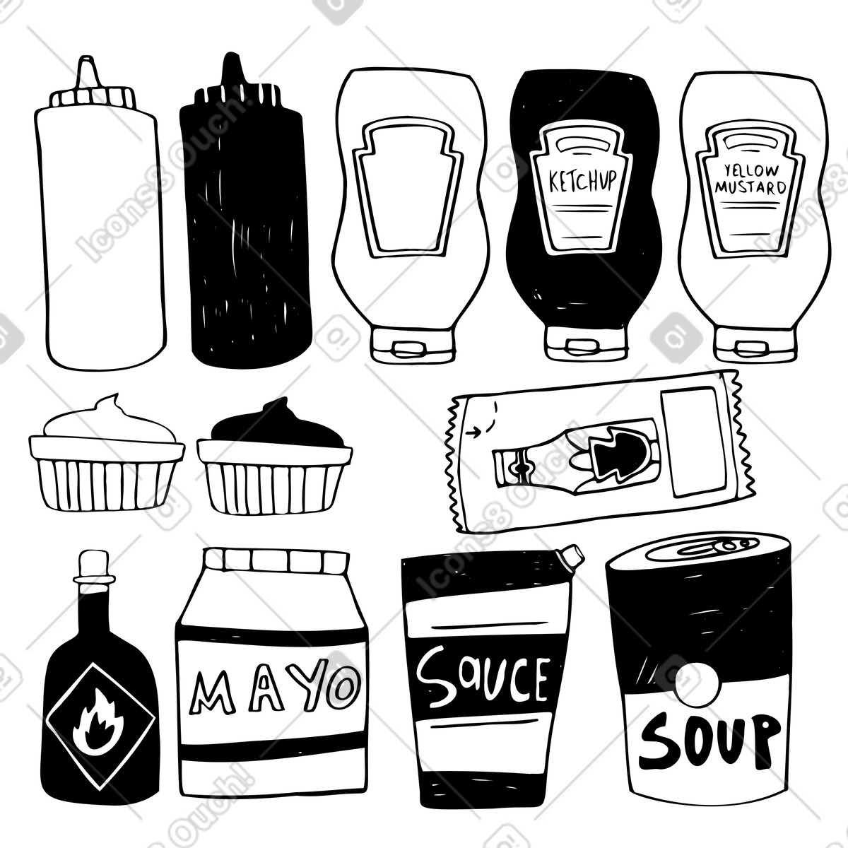 Ilustração de Diferentes garrafas molhos e condimentos em no estilo Marks para baixar em PNG, SVG
