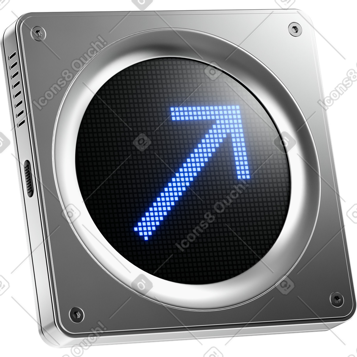 Иллюстрация Arrow upward diagonal pixel display on metallic square device в стиле 3D Pro — скачать в форматах PNG, SVG