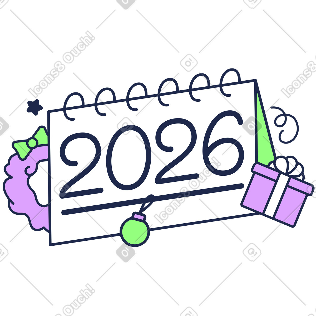 Outline スタイルの Desk calendar with number 2026 and Christmas decor, Holiday countdown or event planning のイラストをPNG、SVG形式でダウンロード