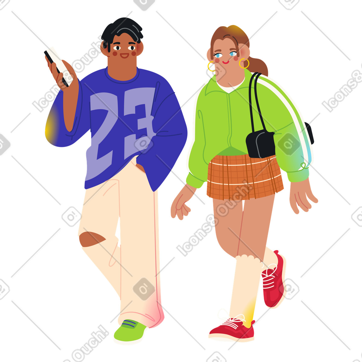 Two friends walking together, Casual outing and socializing illustration in Fizzy style download in PNG, SVG
