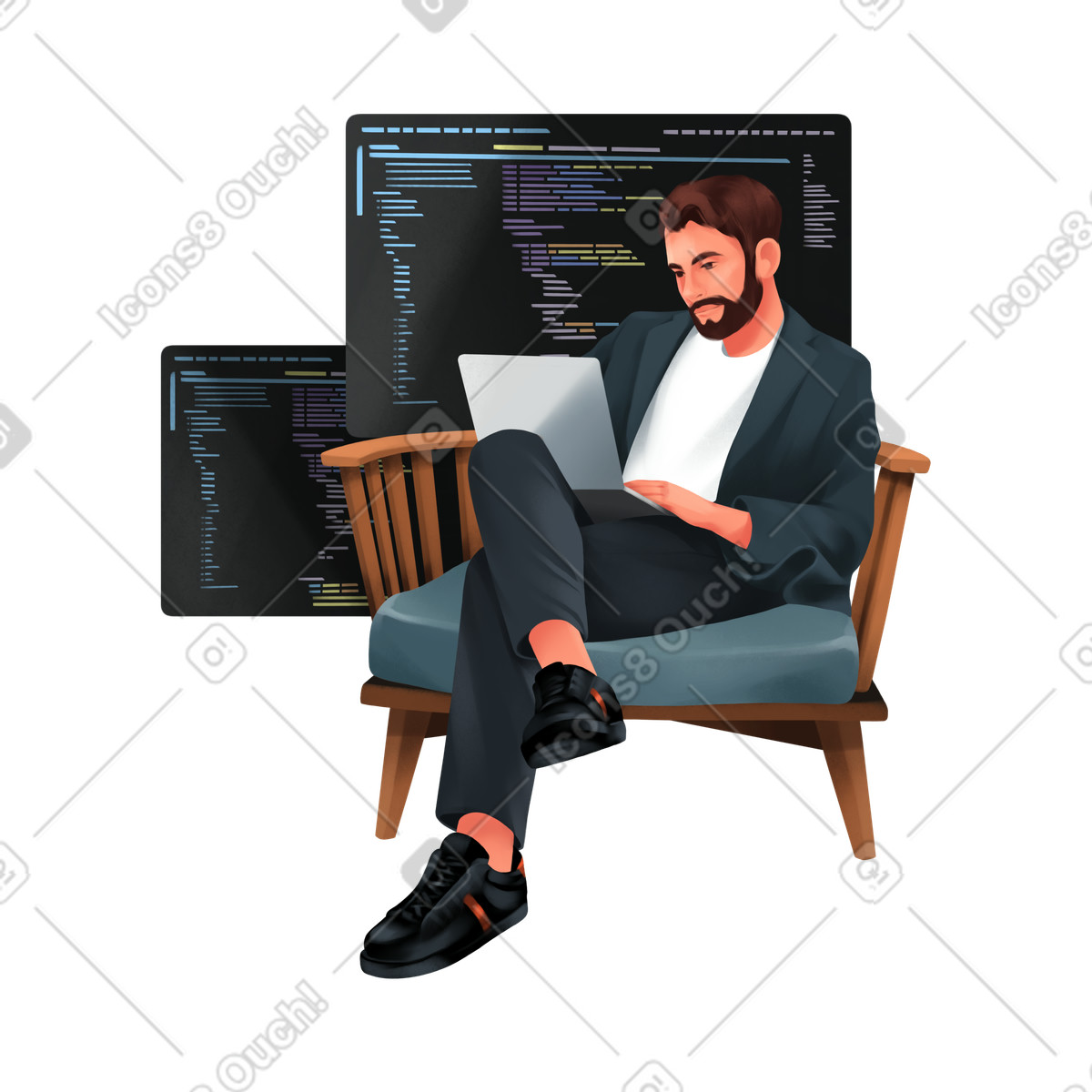 Ilustração de Homem programa no laptop enquanto está sentado em uma poltrona em PNG e SVG