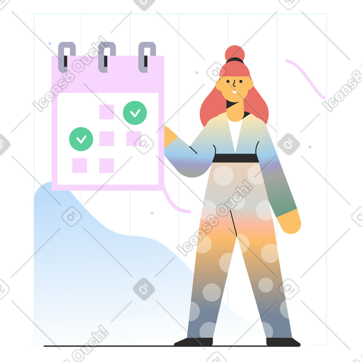 Donna che sceglie la data in un calendario illustrazione stile Marginalia scarica PNG, SVG