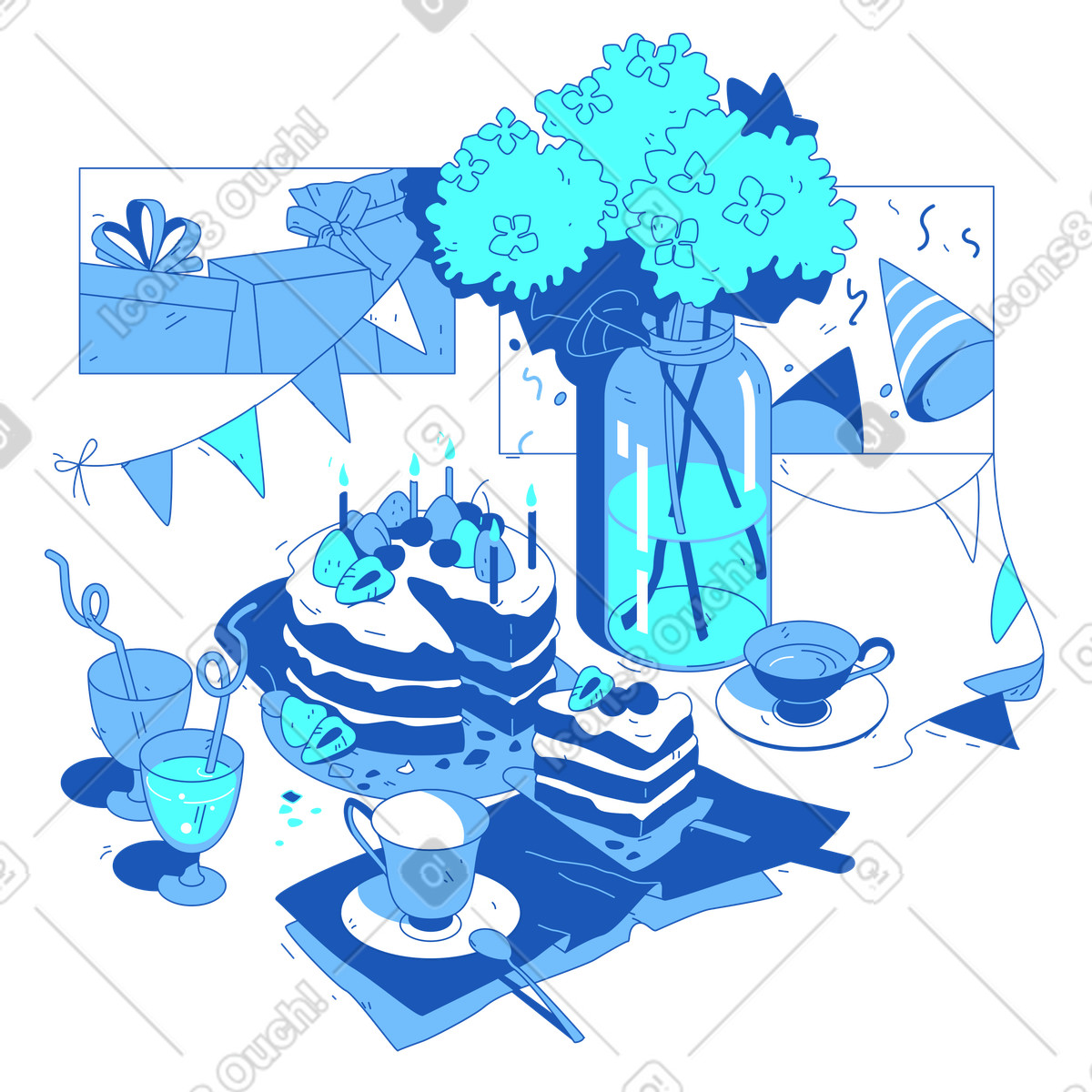 Storyline スタイルの ケーキとプレゼント付きの誕生日パーティー のイラストをPNG、SVG形式でダウンロード
