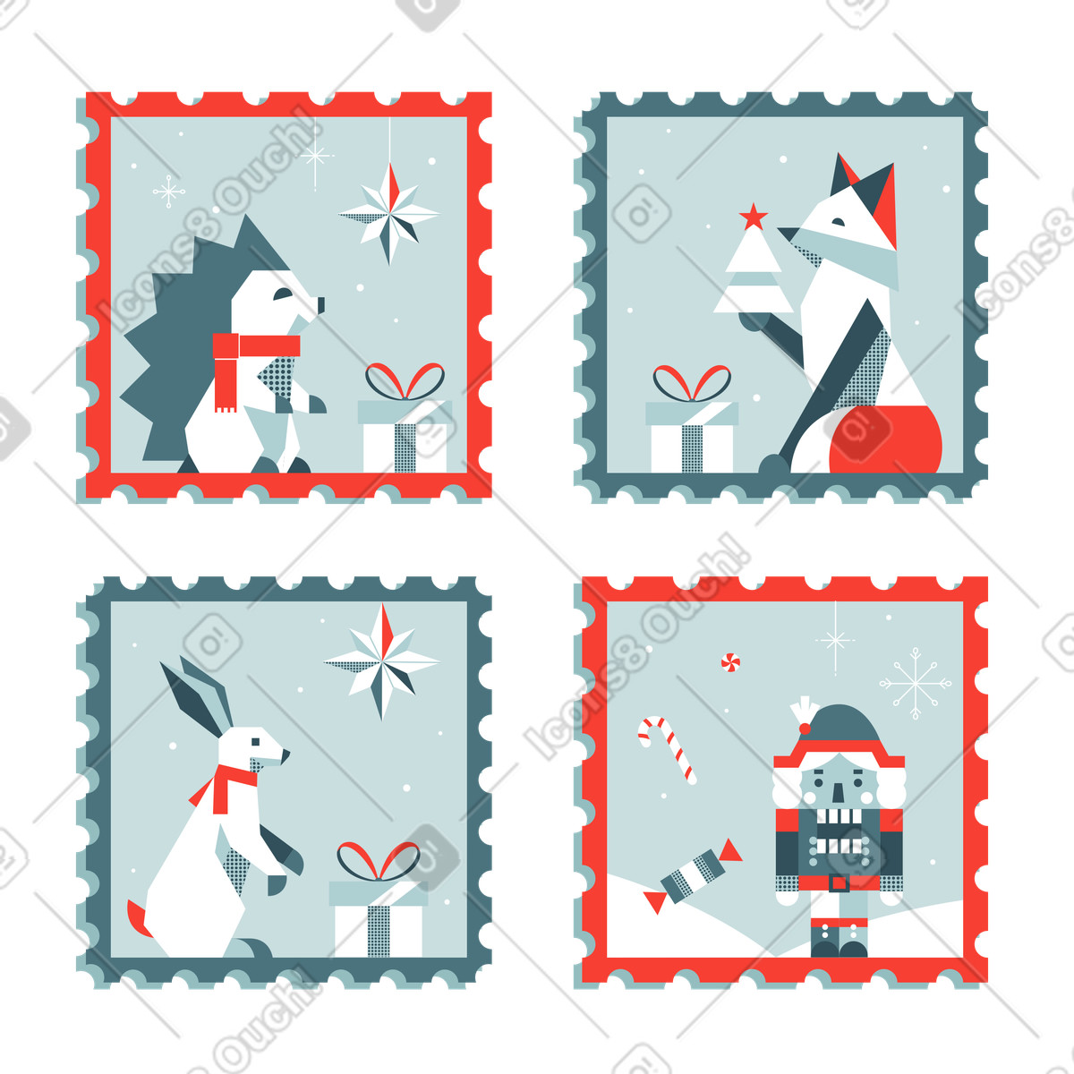 下载 Nordic 风格的 带有动物和胡桃夹子的圣诞邮票 插画，支持 PNG、SVG 格式