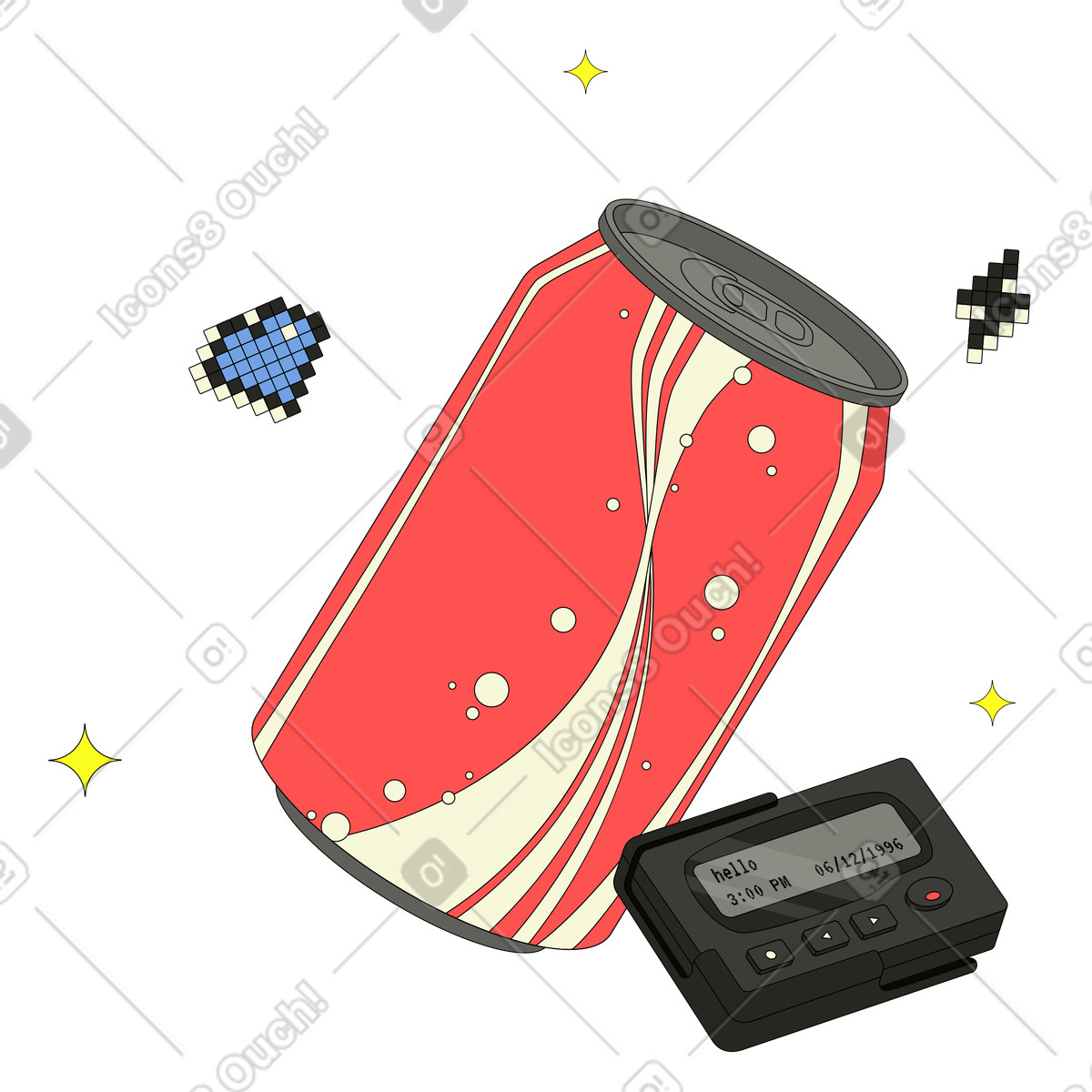 Retro 90s pager and soda illustration in style download in PNG, SVG