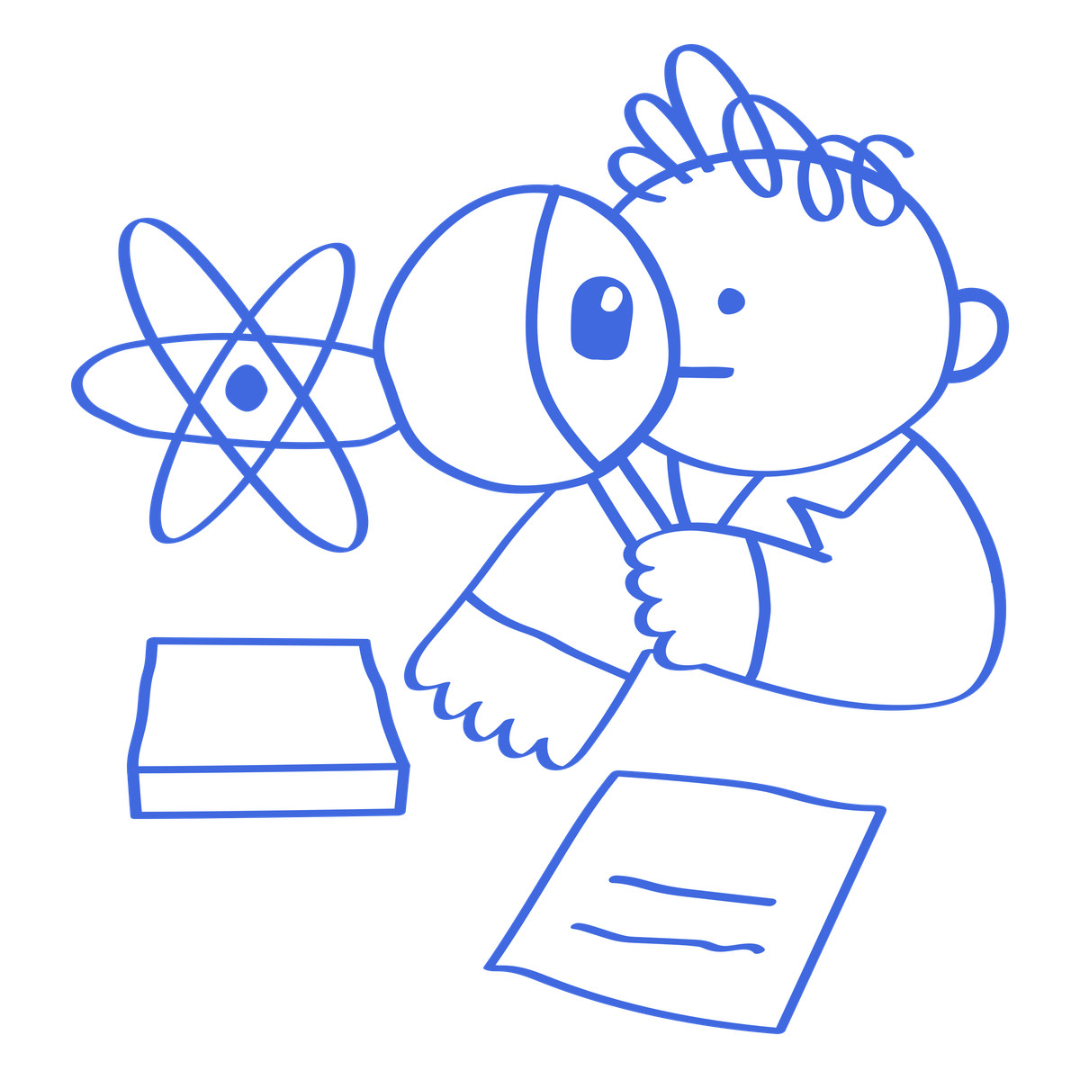 下载 风格的 Scientist character holding magnifying glass observing atom symbol and documents 插画，支持 PNG、SVG 格式