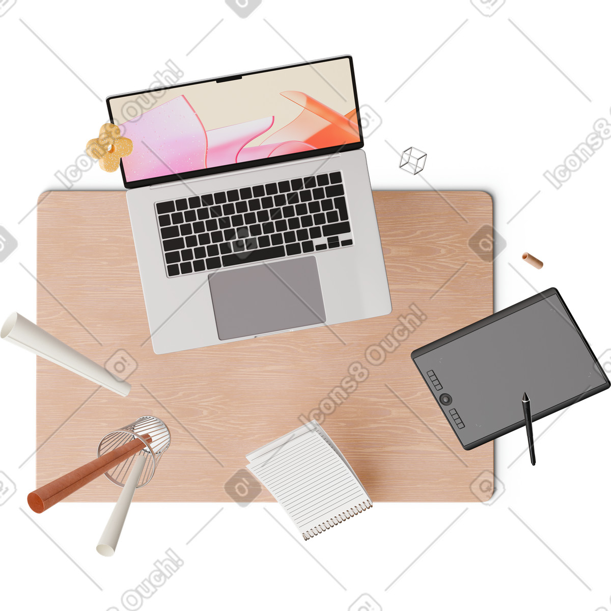 Illustration Vue de dessus du bureau designer avec ordinateur portable, tablette et portable dans le style 3D Hygge à télécharger aux formats PNG, SVG