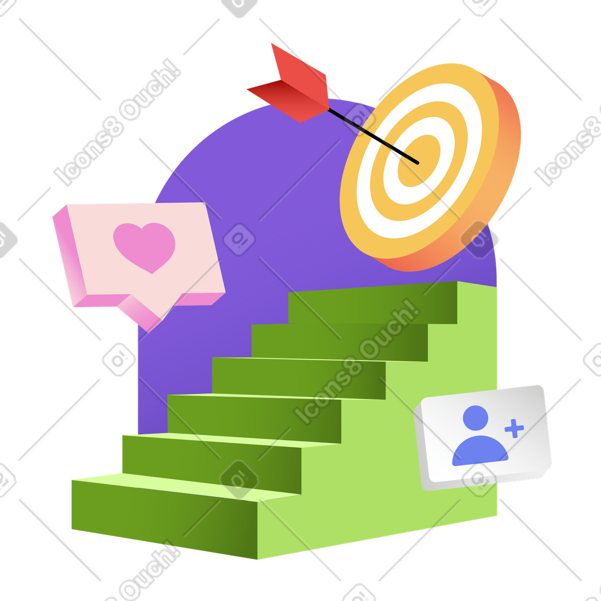 Ilustração de Stairway to target and social media icons, growth strategy em no estilo Levels para baixar em PNG, SVG