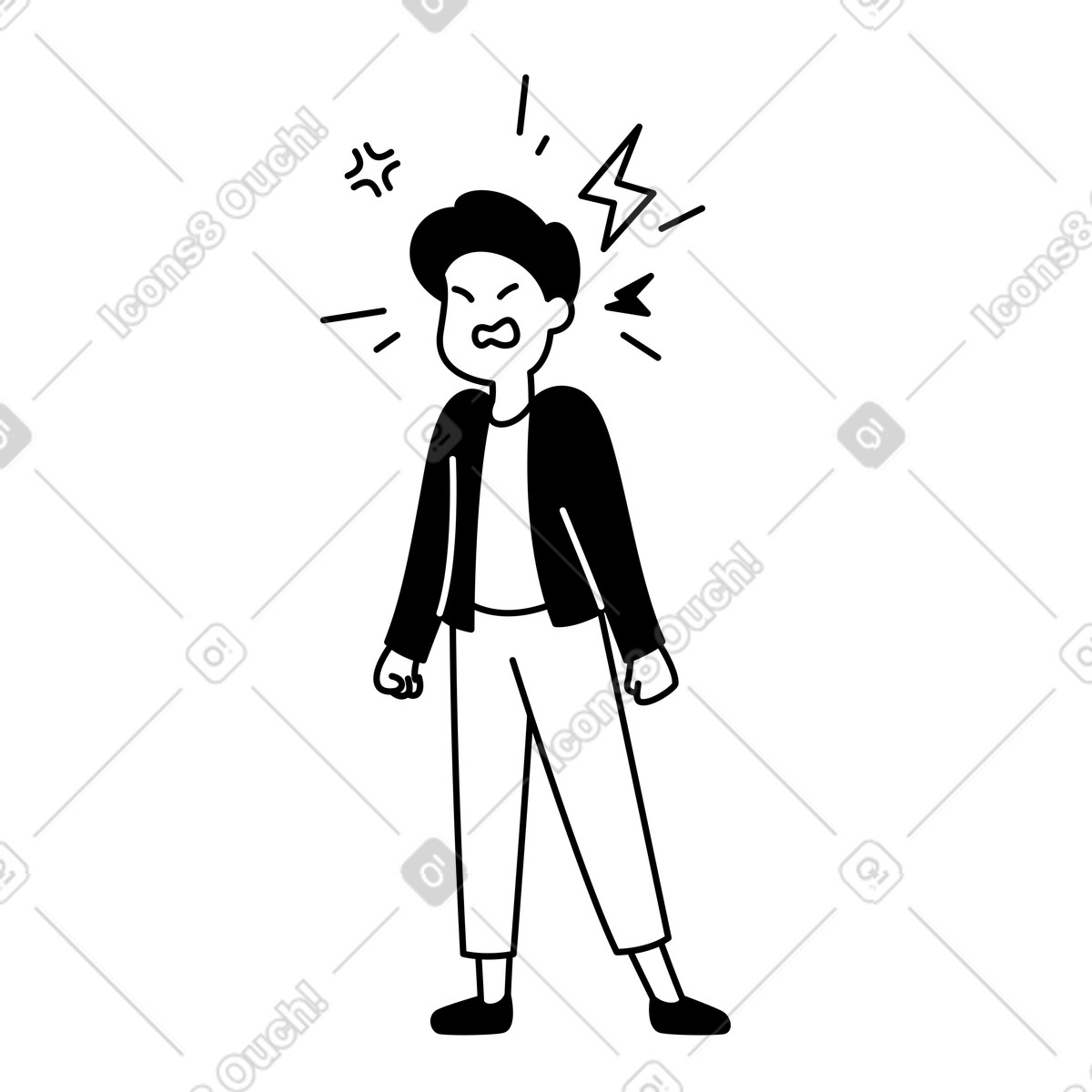 Illustration Anger expression character clenching fists with stress lines and symbols dans le style Notion Line Art à télécharger aux formats PNG, SVG