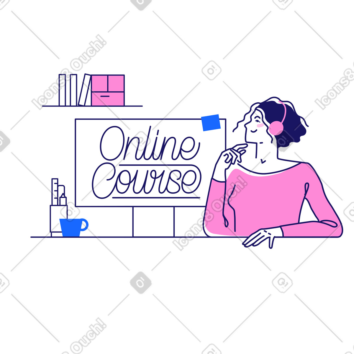 Lettering Online Course on pc screen with female student illustration in Matey style download in PNG, SVG