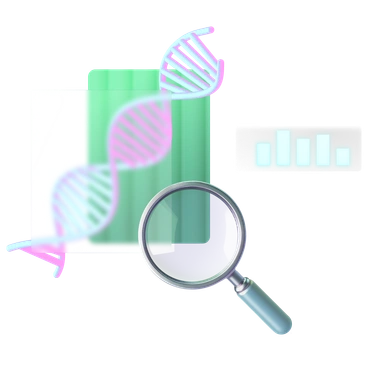 A magnifying glass over DNA and data charts - Chromed style illustration