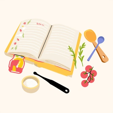 An open cookbook displaying a focaccia recipe with ingredients neatly arranged around it